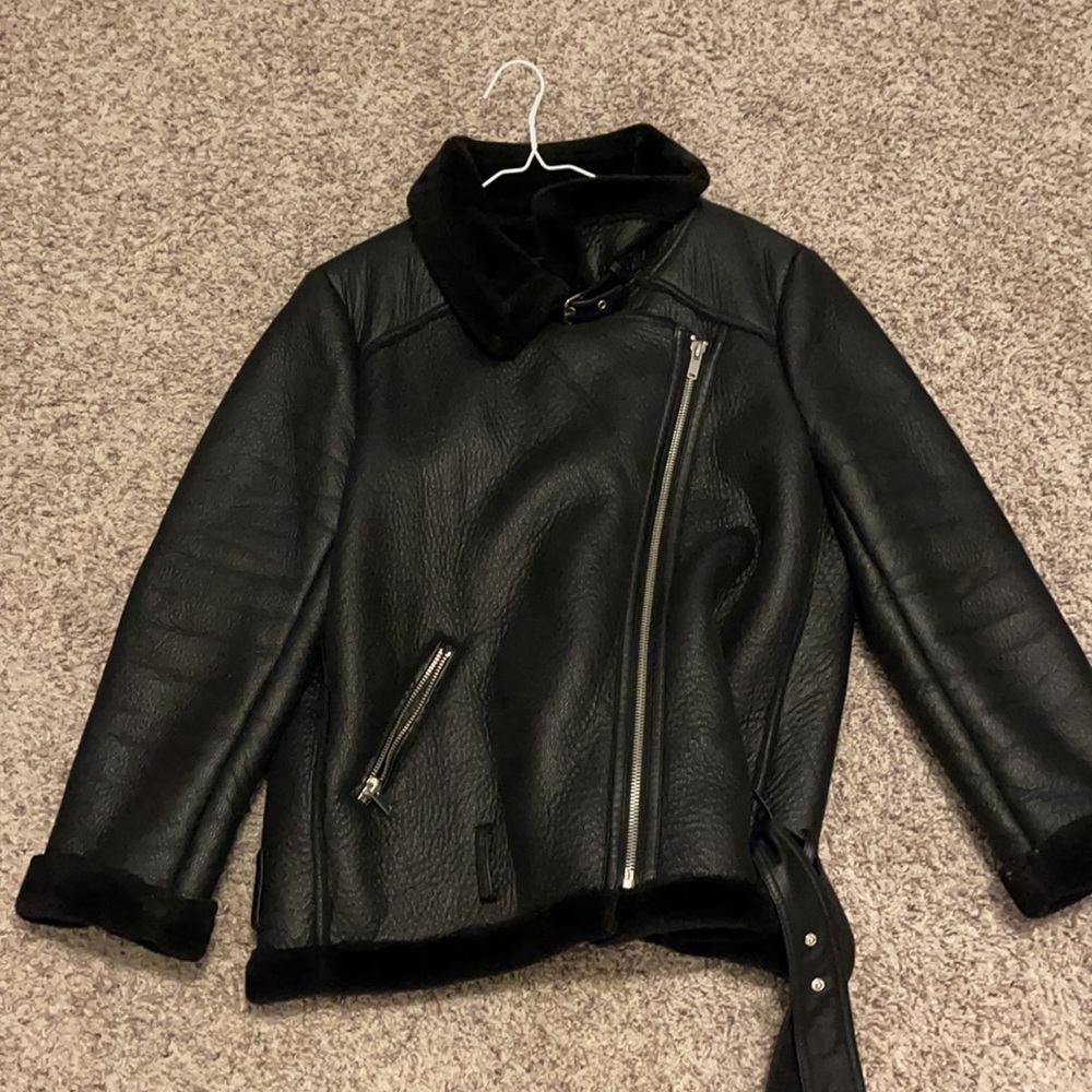 Zara Black Faux Leather Shearling Moto Jacket